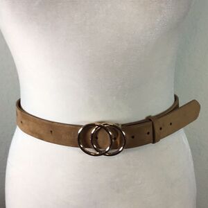 Double Ring Buckle Reversible Belt Brown Tan Faux Suede Leather Adjustable Large
